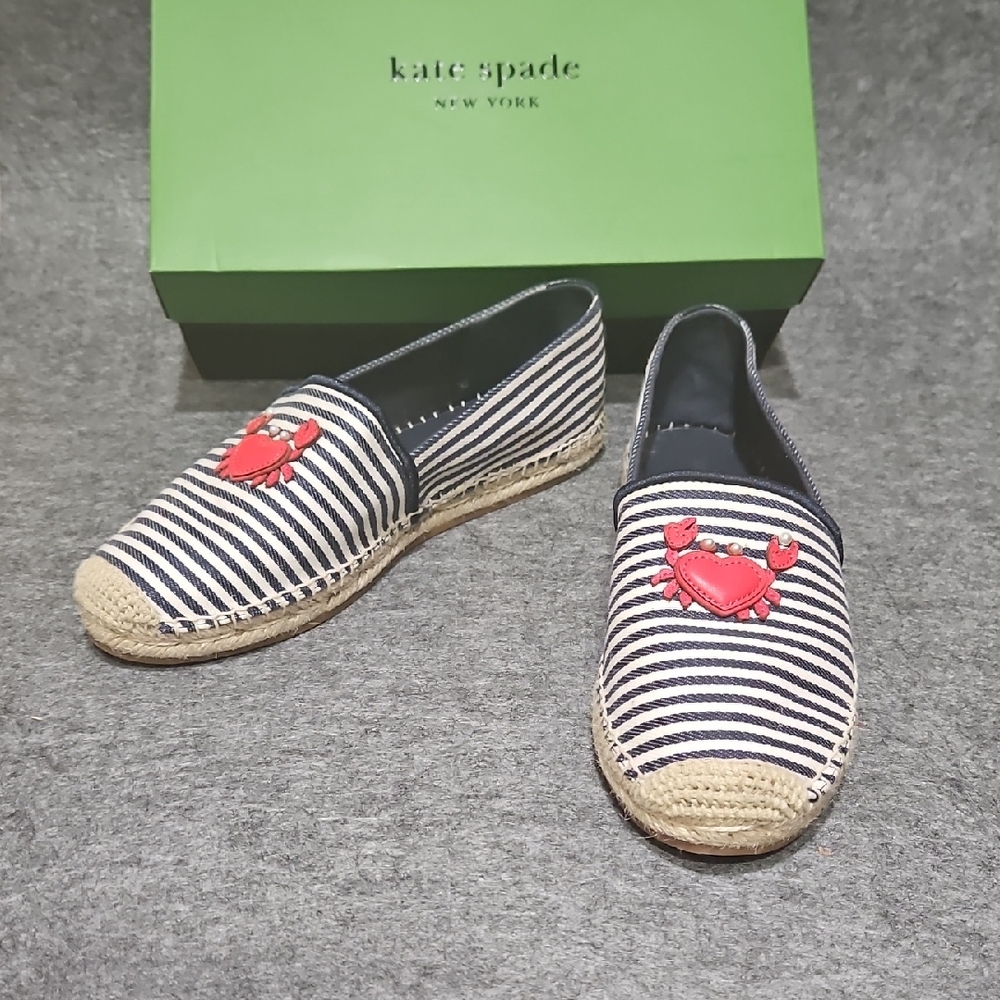 kate spade Navy and White Striped Espadrilles with Red Crab Appliqué